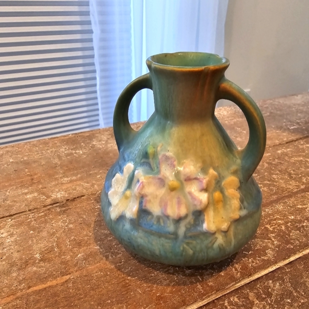 Roseville Green Cosmos Vase Pottery Art Decor Floral Ceramic Double Handle